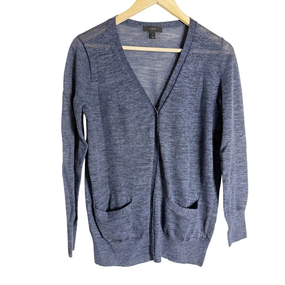 J.Crew Navy Blue Linen Blend Knit Button Front V-Neck Cardigan Sweater Size S